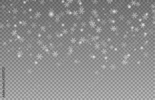 Snow falling winter snowflake. Abstract snowflake background for your winter design. Falling Christmas snow. Snowstorm and blizzard. Snowflakes isolated on transparent background.