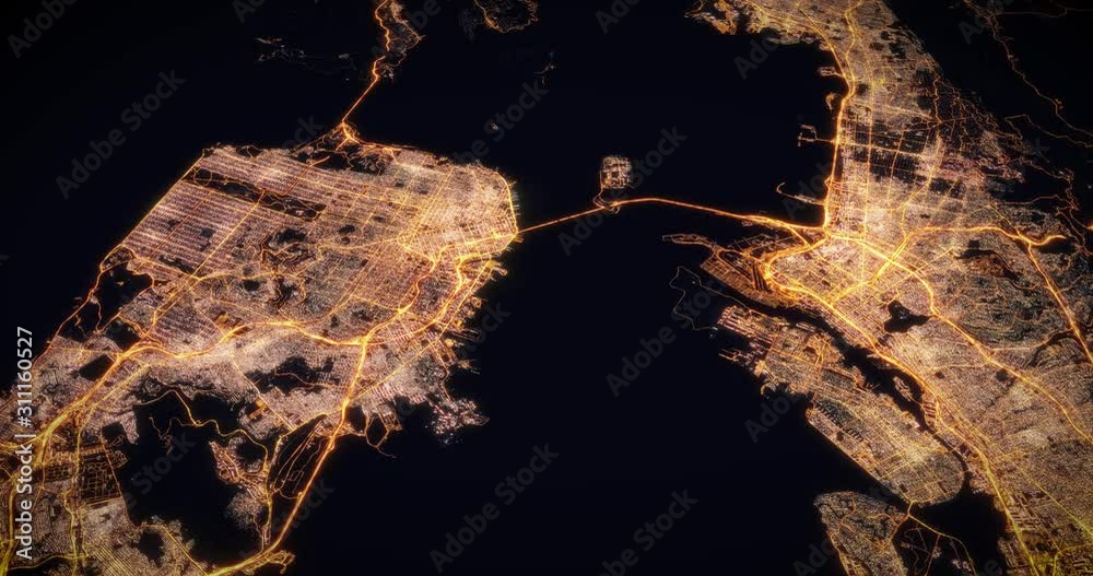 Aerial night view of city of San Francisco, USA. Traffic and street light glowing. Camera flying above space filming to city center. Rotating around and making endless loop. 3d animation rendering.