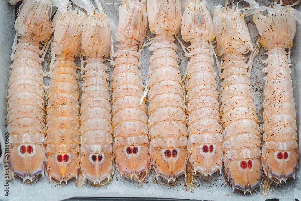 Delicious fresh Mantis Shrimps from the adriatic sea in Puglia, Italy