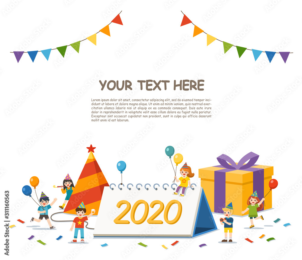 Happy Kids celebrating new year party. Happy New Year greeting card. Template for advertising brochure.