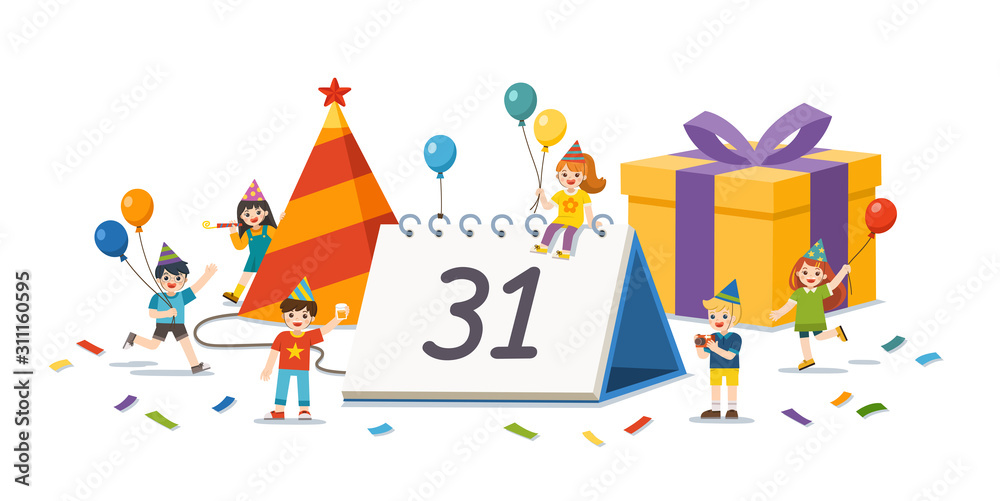 Happy Kids celebrating new year party. Happy New Year greeting card. Template for advertising brochure. Happy Kids celebrating new year party. Happy New Year greeting card. Template for advertising brochure.
