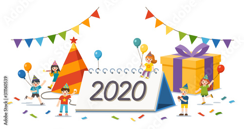 Happy Kids celebrating new year party. Happy New Year greeting card. Template for advertising brochure.