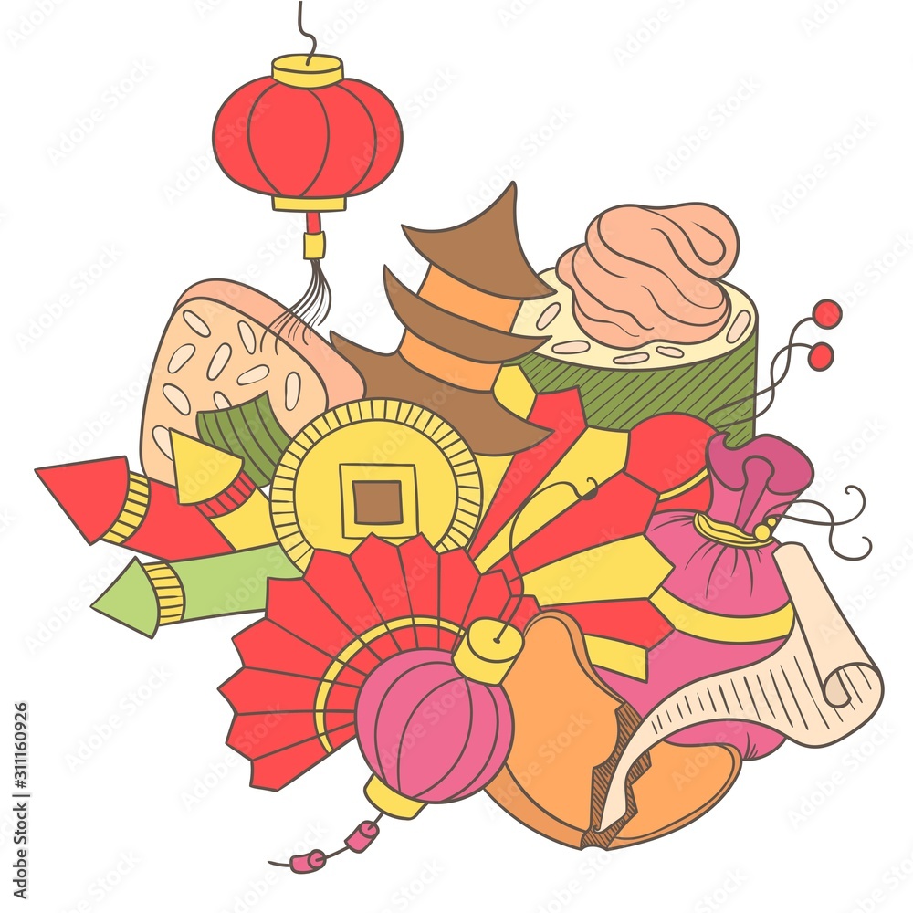 Doodle art with Chinese New Year decorations.  Festival bangers, lanterns, fans, fortune cookie future.  Holiday colorful emblem.