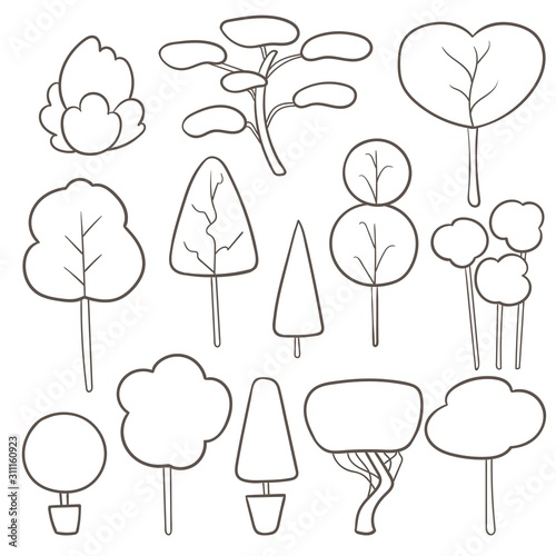 Vector set of topiary bush in doodle style. Different shapes of trees outline. Easy to change colors.