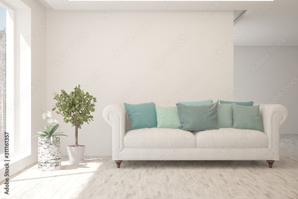 Naklejka premium Stylish room in white color with sofa. Scandinavian interior design. 3D illustration