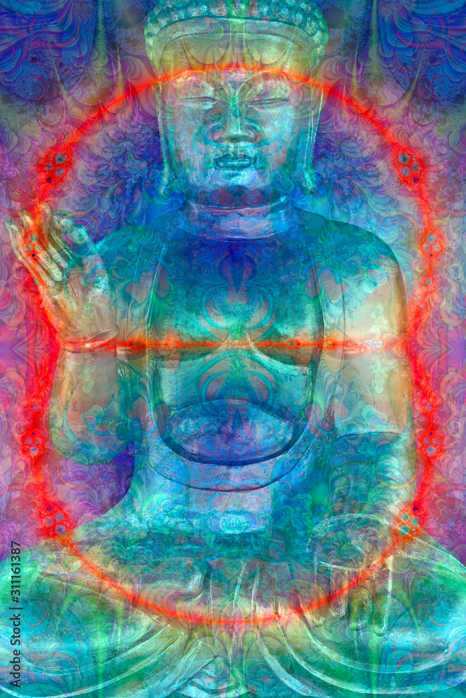 Digital artwork of Buddha and a fractal circle of life