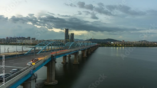 Wallpaper Mural Time lapse of Seoul city at Dongjak Bridge Hangung river in Seoul , South Korea. Torontodigital.ca