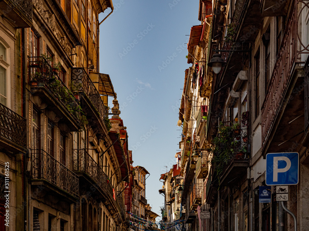 Porto, Portugal. 15 November 2019. Imposing facades of townhouses in downtown.