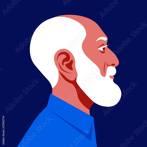 The head of a bald old man with a white beard in profile. Grandfather's face in profile. Avatar for social networks. Vector flat illustration