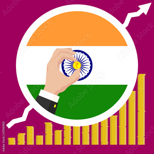 India economic growth graph on the background of the flag and hand with a indian rupee coin
