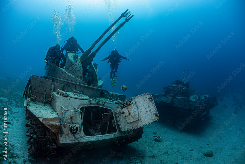 Diving in Jordan in Aqaba, where under water there are armored vehicles and tanks and other military equipment. Diving in Jordan in Aqaba, where under water there are armored vehicles and tanks and other military equipment.