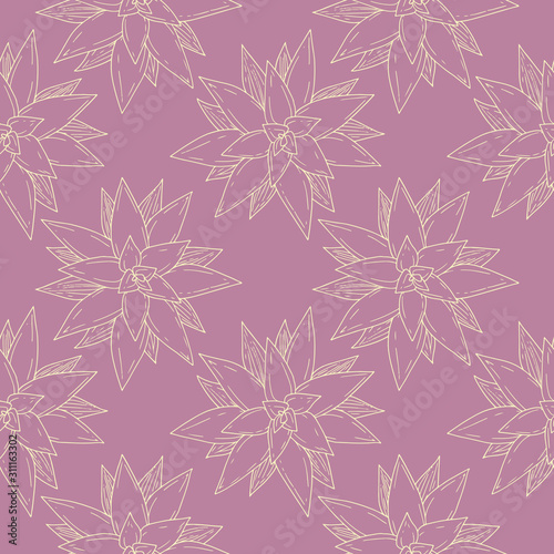 Succulent hand drawn seamless pattern. Line elements on violet background. Good for fabric, textile, wrapping paper, wallpaper, kitchen and bedroom design, packaging, paper, print, etc.