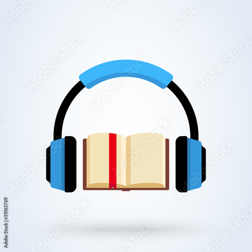 open audio book and headphones flat. vector modern design illustration