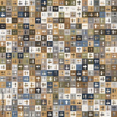 Tan Micro Pattern of Random Squares in Natural Colors. Layered thatched tiny shapes in tile mosaic. Seamless repeat vector pattern swatch.