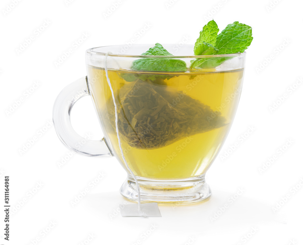 Fototapeta premium Cup of green tea with jasmine and pyramid tea bag isolated on white