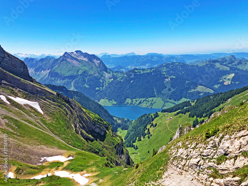 Fairytale idyllic motif from the Wagitalersee or Waegitalersee alpine Lake in the valley Wagital (Waegital), Innerthal - Canton of Schwyz, Switzerland photo