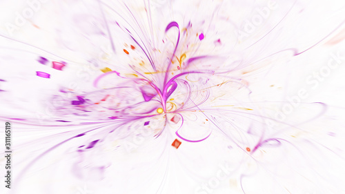 Abstract holiday background with blurred rays and sparkles. Fantastic gold and purple light effect. Digital fractal art. 3d rendering.