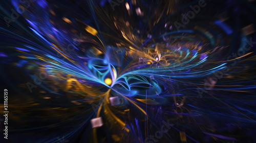 Abstract holiday background with blurred rays and sparkles. Fantastic blue and golden light effect. Digital fractal art. 3d rendering.