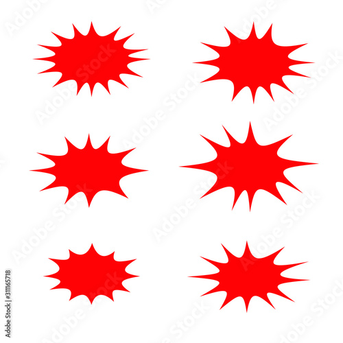 Splash star icon set in flat style. Set of explosion background for a surprising and shocking moment with sample texts.