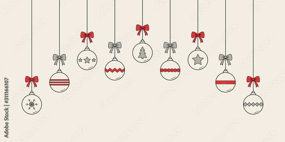 Christmas balls hanging on white background. Festive decoration. Banner. Vector