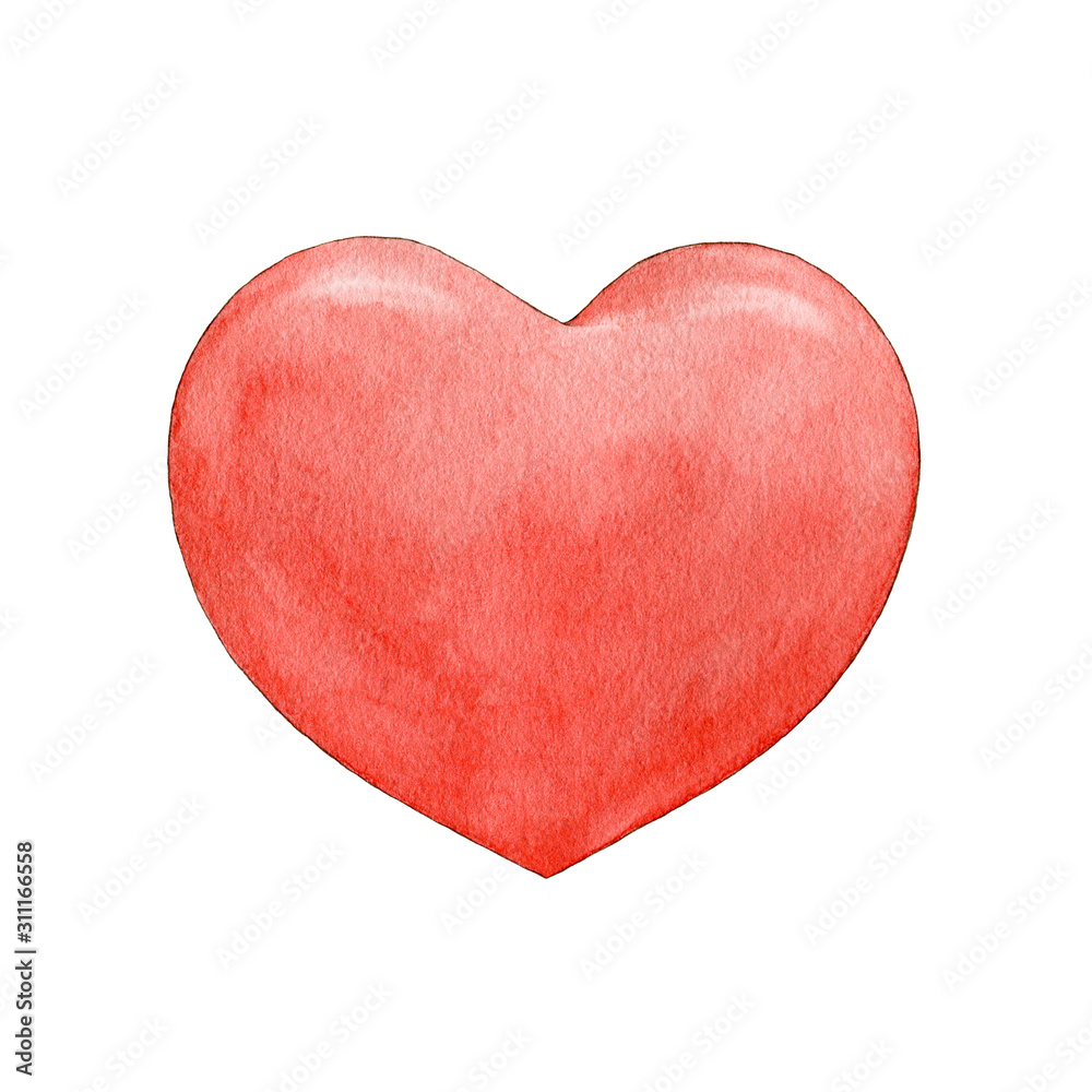 Red heart watercolor illustration. Hand drawn love and passion symbol image. Romantic red heart for valentines day isolated on white background.