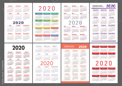 Calendar 2020 year. Vector template collection. Colorful English pocket calender set. Week starts on Sunday