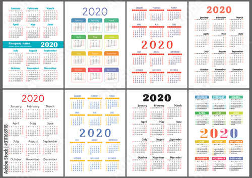 Calendar 2020 year. Vector template collection. Colorful English pocket calender set. Week starts on Sunday