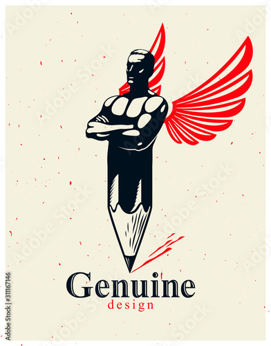 Strongman muscle man combined with pencil and wings into a symbol, strong design concept, creative power allegory, vector perfect classic style logo or icon.