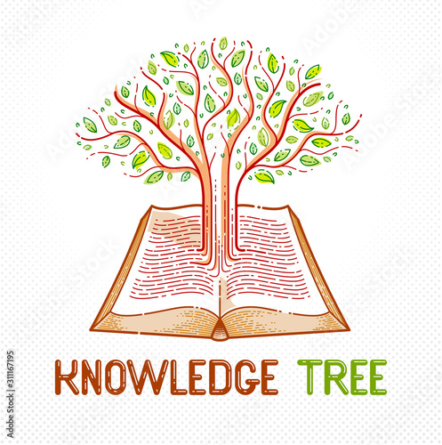 Tree growing from text lines of an open vintage book education or science knowledge concept, educational or scientific literature library vector logo or emblem.