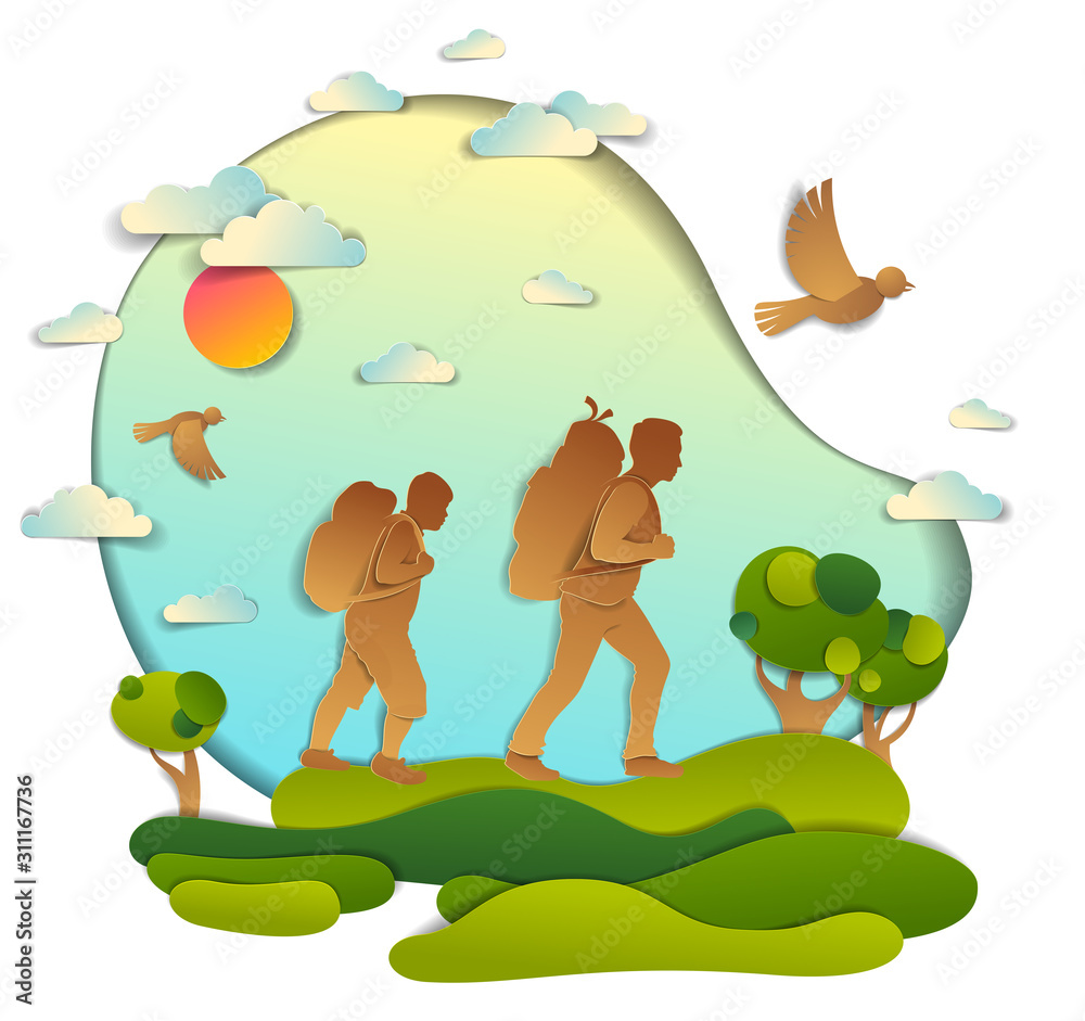 Father and son hiking to nature with grasslands and trees, fatherhood and teenage aged boy. Vector illustration of beautiful summer scenic landscape, birds in the sky, holidays. Father and son hiking to nature with grasslands and trees, fatherhood and teenage aged boy. Vector illustration of beautiful summer scenic landscape, birds in the sky, holidays.