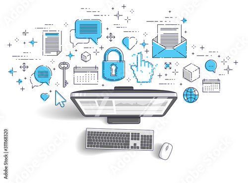 Computer with statistics infographics and set of icons, online business, internet electronic finances, vector design.
