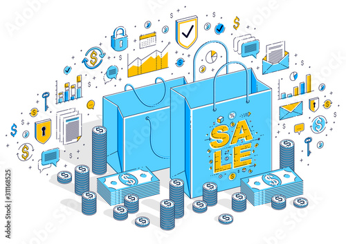 Sellout concept, Retail, Big Sale, Shopping Bag with cash money stacks and coin piles isolated on white. Isometric 3d vector finance illustration with icons, stats charts and design elements.