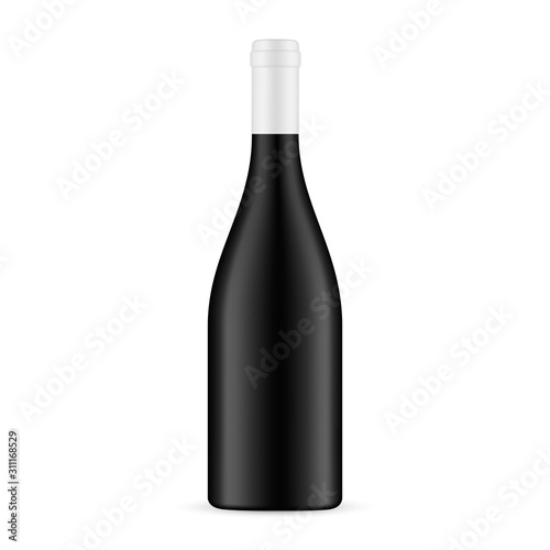Black glass wine bottle mockup isolated on white background. Vector illustration