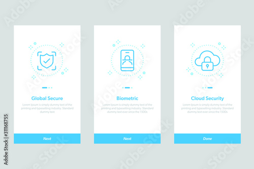 Set of Security onboarding app screens UI. Concept and simplified vector illustration walkthrough screens template for mobile apps.