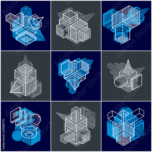 Different engineering constructions collection, abstract vectors set.