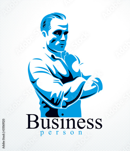 Confident successful businessman handsome man business person vector logo or illustration realistic drawing style.
