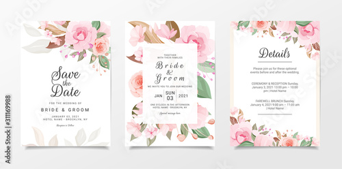Set of floral wedding invitation card template with peach and pink roses flowers. Cards with floral illustration for save the date, invitation, greeting card vector