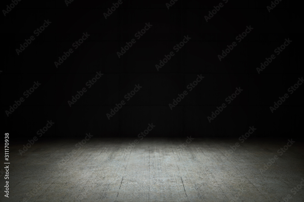Dark empty room with black background and dim light on concrete floor Stock  Photo | Adobe Stock