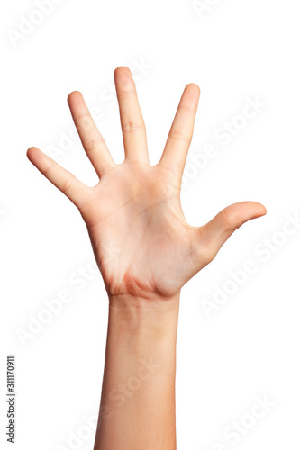 woman on white background is pointing at number four