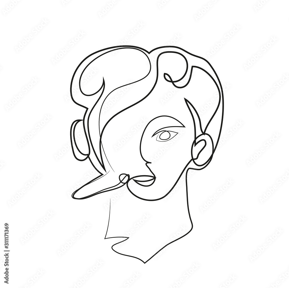 One continuous line drawing of woman customer support phone operator Simple line art drawing of call center operator
