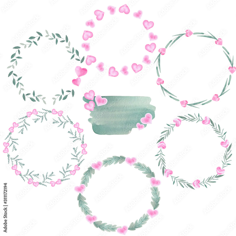 Watercolor set of romantic wreaths made of rattling twigs and hearts. Great for the romantic design of cards, invitations, web sites, photo albums and other creative ideas. Watercolor set of romantic wreaths made of rattling twigs and hearts. Great for the romantic design of cards, invitations, web sites, photo albums and other creative ideas.