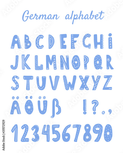 Blue German alphabet in scandinavian style on white background. Cute letters for your design.