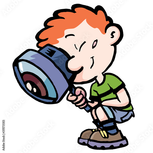  boy bends down and investigates with a magnifying glass