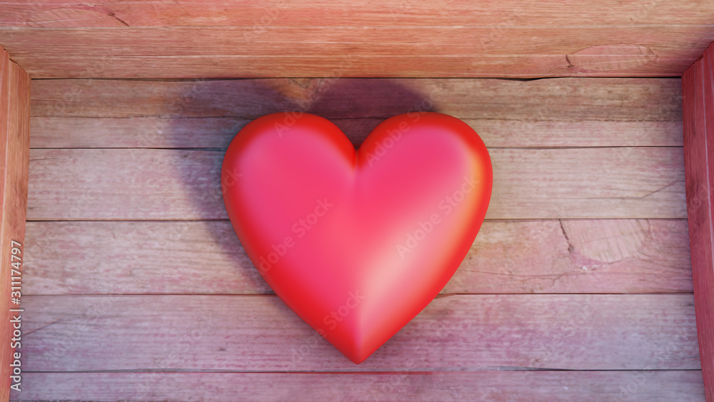 Close-up of a very big and chubby red heart put into a wood box Close-up of a very big and chubby red heart put into a wood box