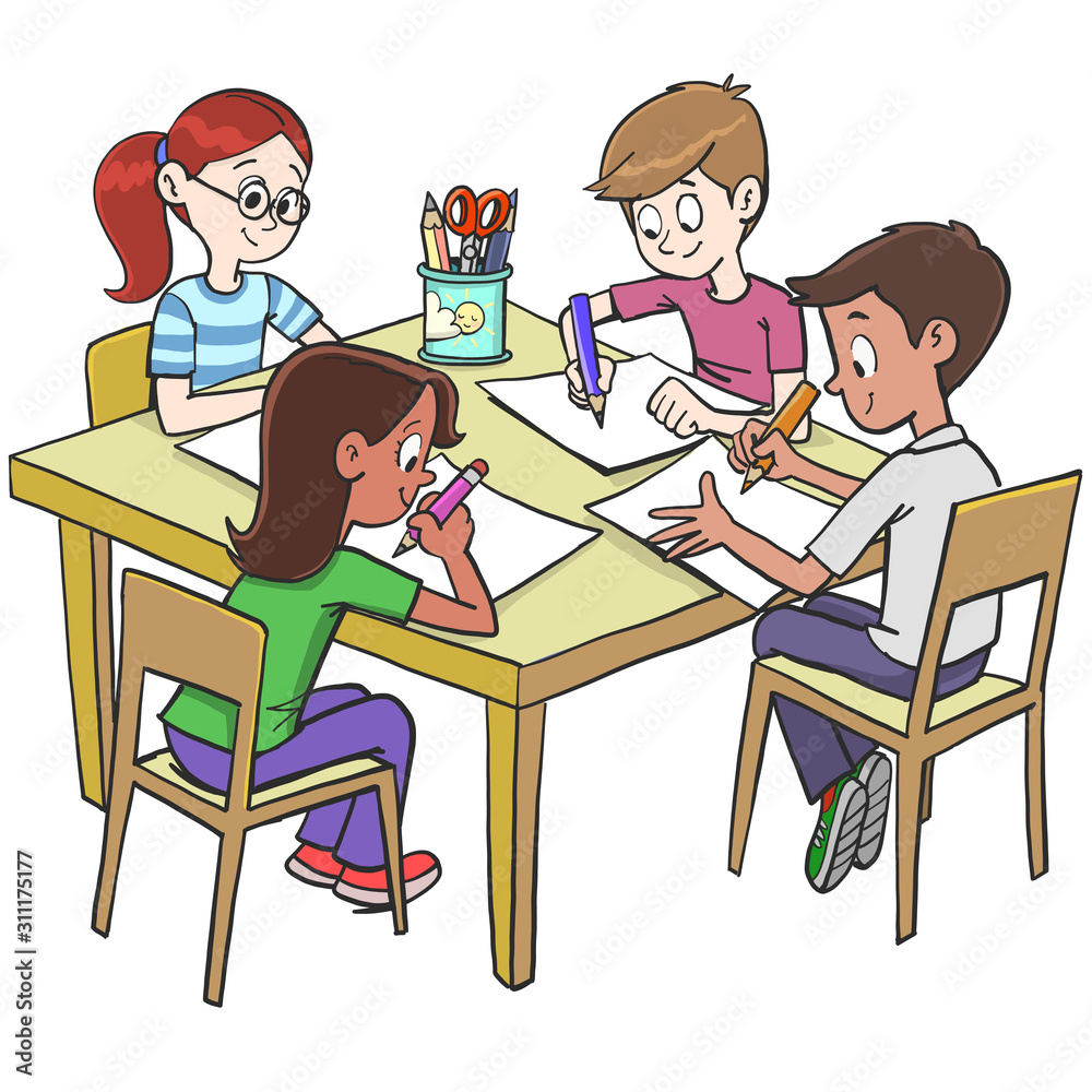 team children drawing and writing in class at school Stock Vector