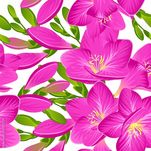 Seamless background with blooming pink freesia in vector