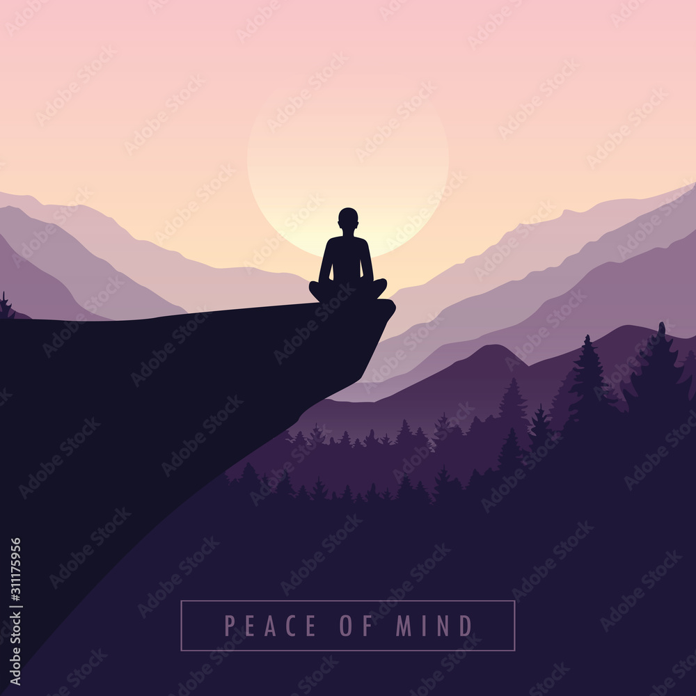 peace of mind mediating person on a cliff with mountain view purple nature landscape vector illustration EPS10