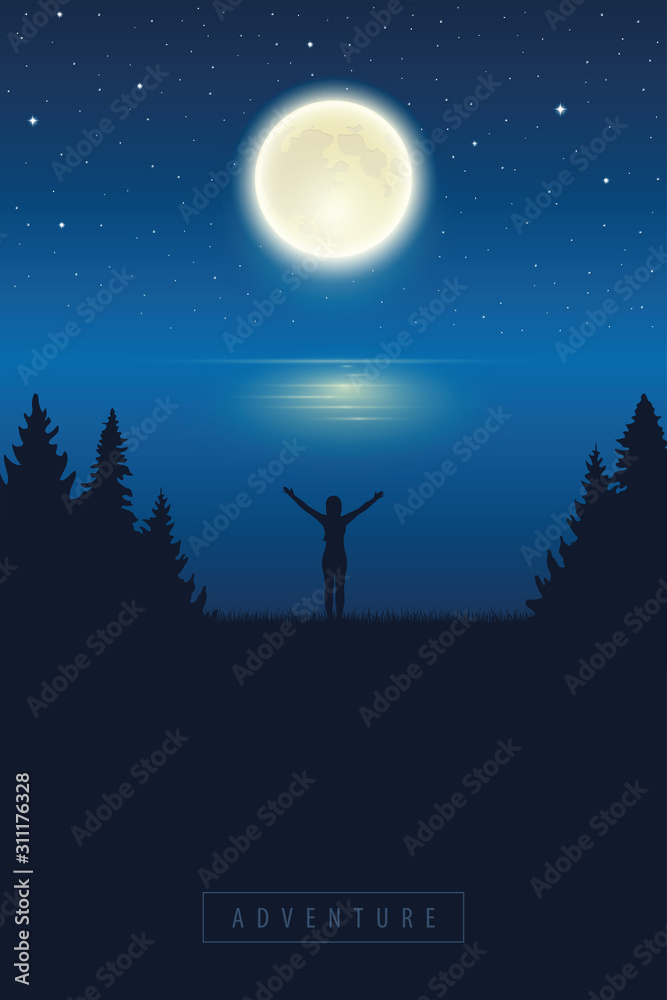 girl with raised arm enjoy the full moon by lake vector illustration EPS10