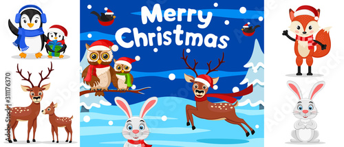 Set of Christmas animals on winter background. Family of penguins  deer  hare and forest on a white.