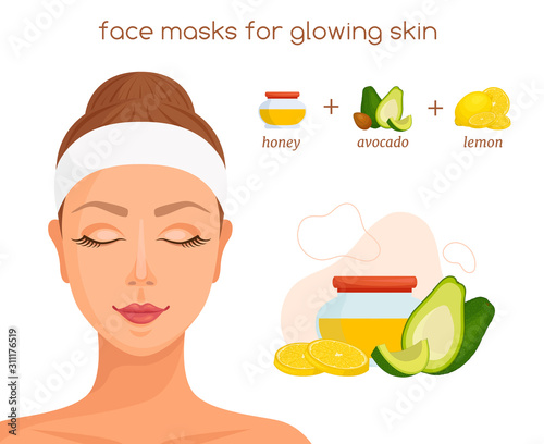 Facw mask for glowing skin. Ingredients for home cosmetic procedure. Vector banner with the face of a girl with a mask and a recipe. Vector illustration.
